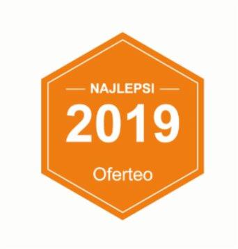 Pomarańczowa odznaka Oferteo 'Najlepsi 2019' na białym tle.