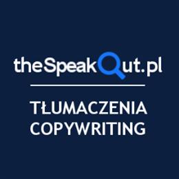 Logo theSpeakOut.pl na ciemnoniebieskim tle z białą linią poziomą. Nazwa firmy nad linią, a pod nią hasła: Tłumaczenia, Copywriting.