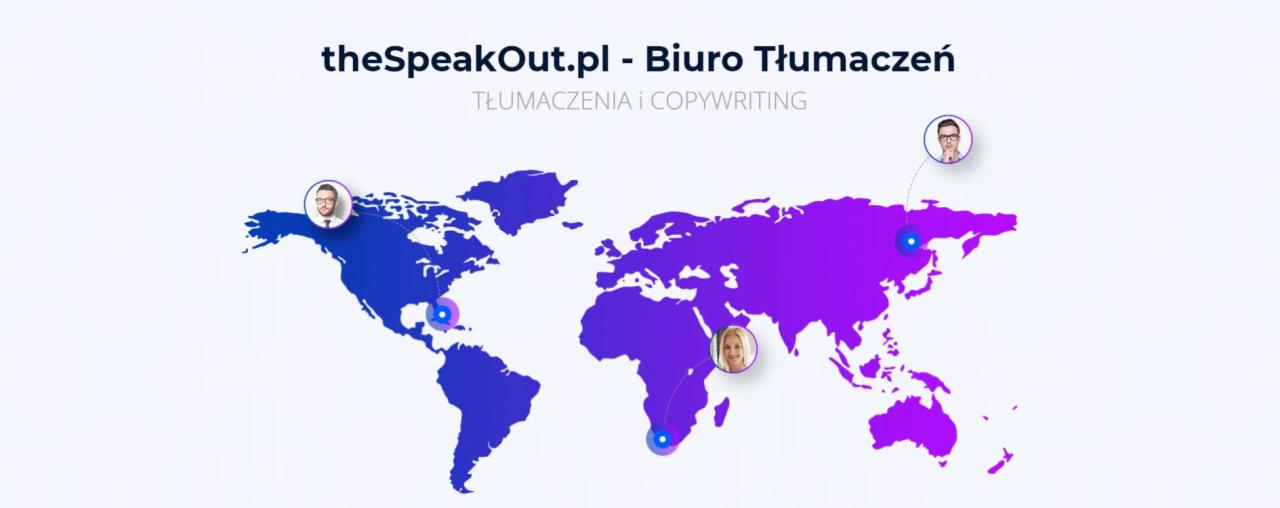 Stylizowana mapa świata w odcieniach fioletu i niebieskiego z zaznaczonymi lokalizacjami biur i portretami pracowników firmy theSpeakOut.pl - Biuro Tłumaczeń, oferującej tłumaczenia i copywriting.