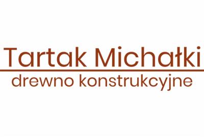 Logo firmy z nazwą 'Tartak Michałki' i napisem 'drewno konstrukcyjne' w kolorze brązowym na białym tle.