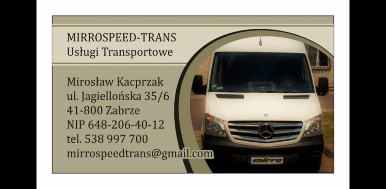 Wizytówka firmy transportowej Mirrospeed-Trans z adresem, numerem telefonu, NIP-em i adresem e-mail, na tle białego busa.
