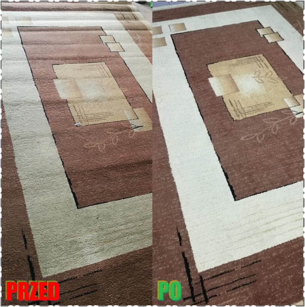 Dywan z geometrycznym wzorem w odcieniach brązu i beżu: lewa strona 'Przed', widoczna wyraźna różnica w czystości i intensywności kolorów w porównaniu do prawej strony 'Po'.