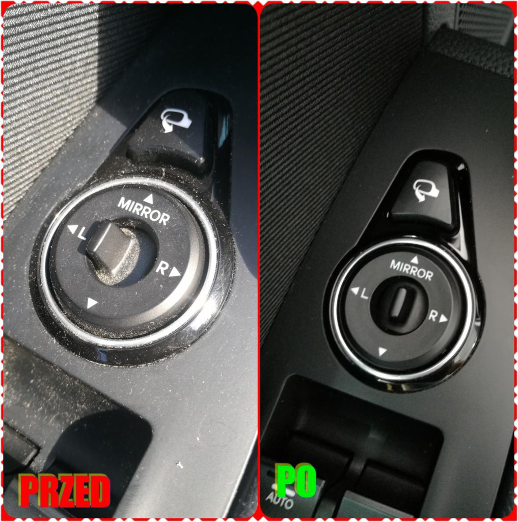 Porównanie panelu sterowania lusterkami samochodowymi przed i po czyszczeniu, widoczne usunięcie kurzu i brudu z przycisków i otoczenia.