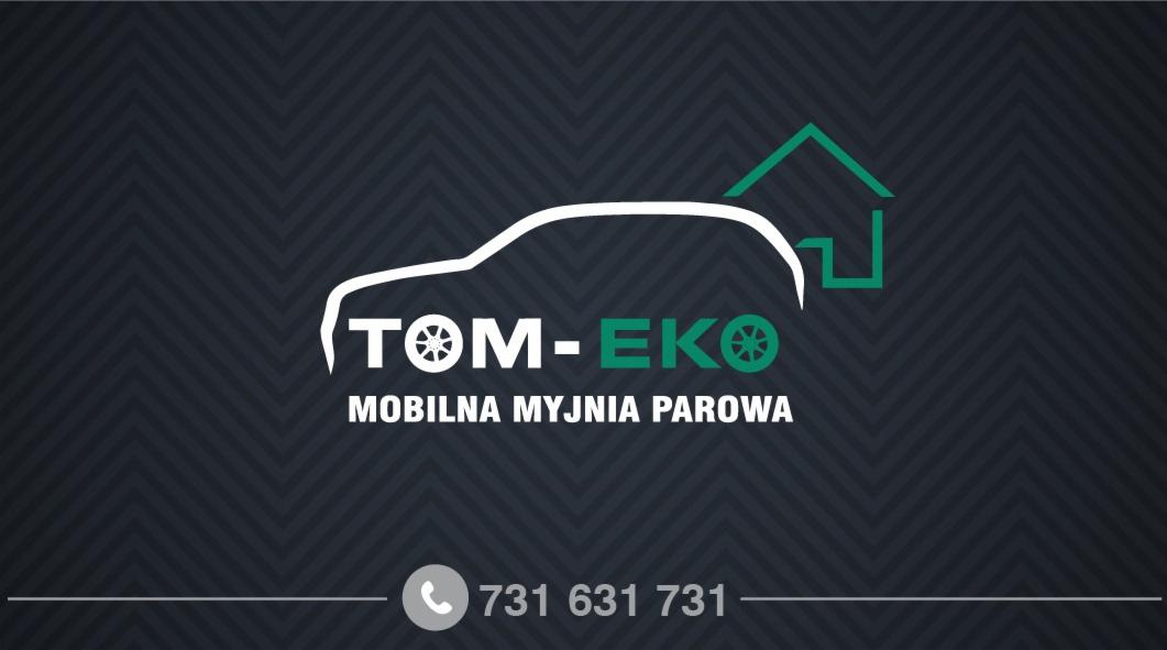 Logo firmy TOM-EKO, mobilna myjnia parowa, grafika przedstawia zarys samochodu i domu, numer telefonu.