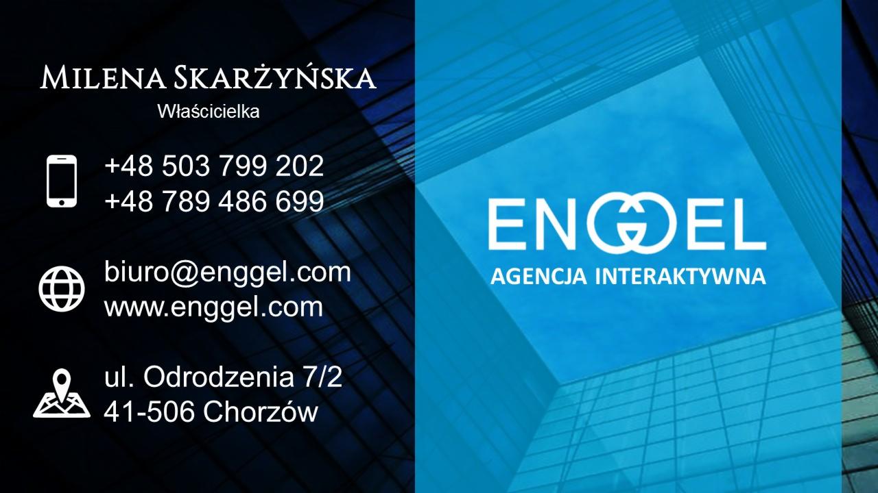 Wizytówka Agencji Interaktywnej ENGGEL z danymi kontaktowymi Mileny Skarżyńskiej, właścicielki, na tle abstrakcyjnej grafiki architektonicznej w odcieniach niebieskiego.