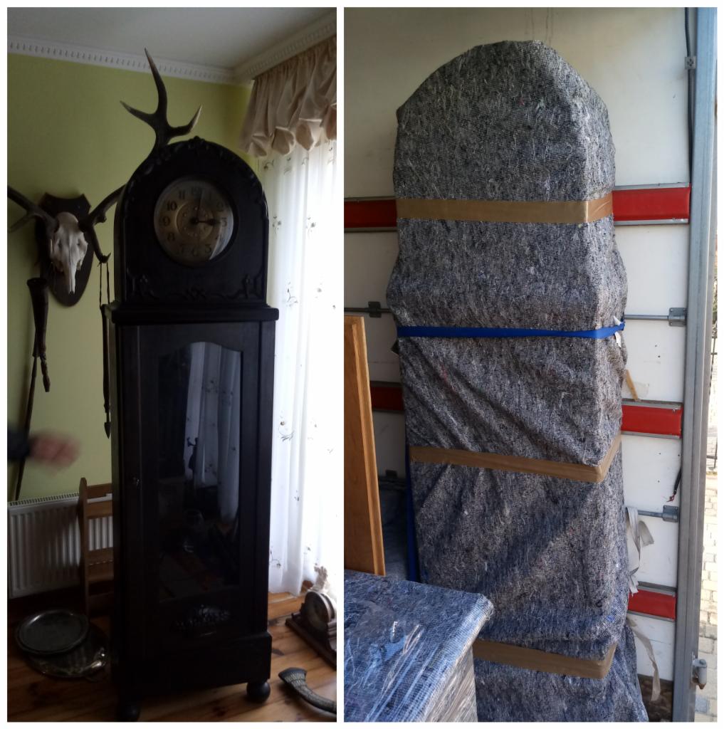 Antyczny zegar stojący z porożem na ścianie, przygotowany do transportu, obok zabezpieczony mebel wewnątrz pojazdu.