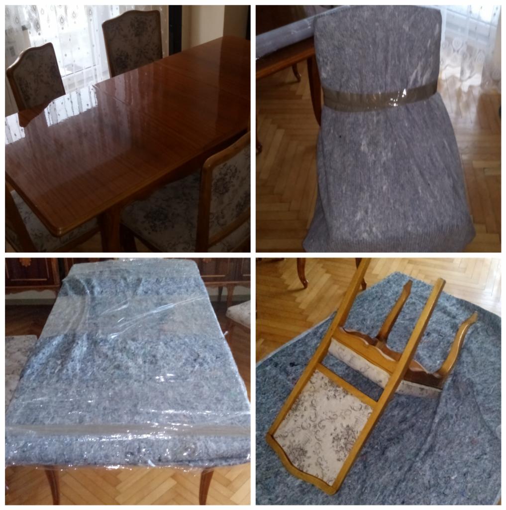 Przygotowanie do transportu: stół z krzesłami zabezpieczone folią i kocami, gotowe do przeniesienia.