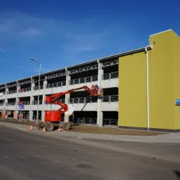 Wielopoziomowy parking żelbetowy w trakcie budowy, z czerwoną platformą podnośnikową i pracownikami na wysokościach, widoczna elewacja w kolorze oliwkowym, błękitne niebo.