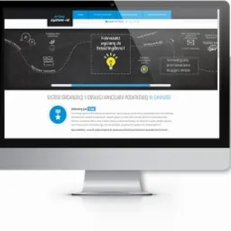 Ekran komputera wyświetlający stronę internetową systemu do organizacji i obsługi kancelarii podatkowej w chmurze, z elementami interfejsu użytkownika i grafikami ilustrującymi funkcje, takie jak...