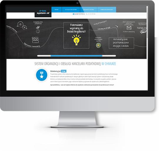 Ekran komputera wyświetlający stronę internetową systemu do organizacji i obsługi kancelarii podatkowej w chmurze, z elementami interfejsu użytkownika i grafikami ilustrującymi funkcje, takie jak...