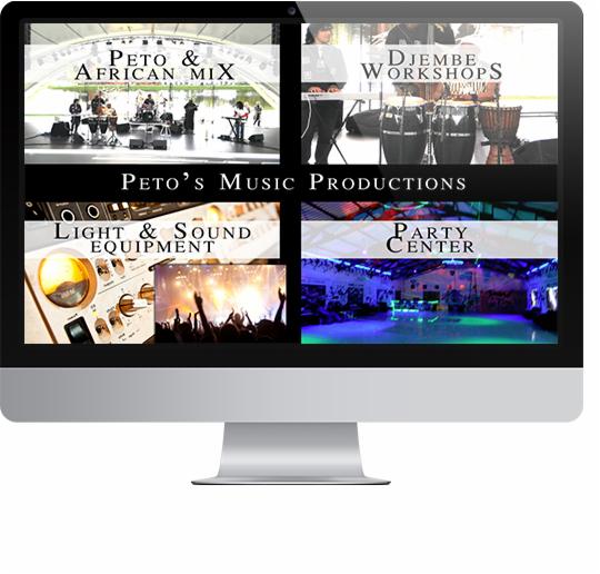 Ekran komputera wyświetlający kolaż zdjęć i napisów związanych z produkcją muzyczną, w tym zespół na scenie, warsztaty gry na djembe, sprzęt oświetleniowy i dźwiękowy oraz wnętrze sali imprezowej.