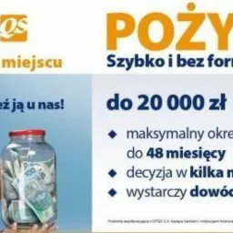 Reklama Dom Finansowy: kobieta wskazująca na słoik z pieniędzmi, oferta pożyczki do 20000 zł, szybka decyzja, wystarczy dowód osobisty.