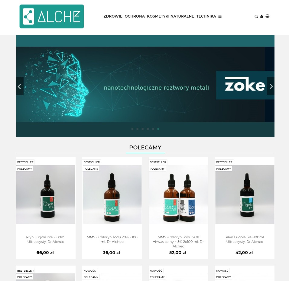Strona internetowa firmy Alche.pl z ofertą płynów Lugola i chlorynu sodu w butelkach z ciemnego szkła, prezentowanych jako bestsellery i nowości.