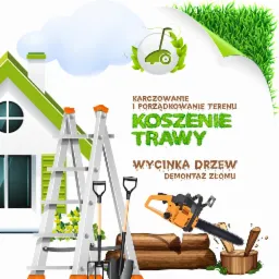 Ilustracja graficzna przedstawiająca usługi ogrodnicze i wycinkę drzew: dom z zielonym dachem, drabina, szpadel, widły, piła łańcuchowa i ścięte pnie drzew, z napisem 'Karczowanie i porządkowanie...