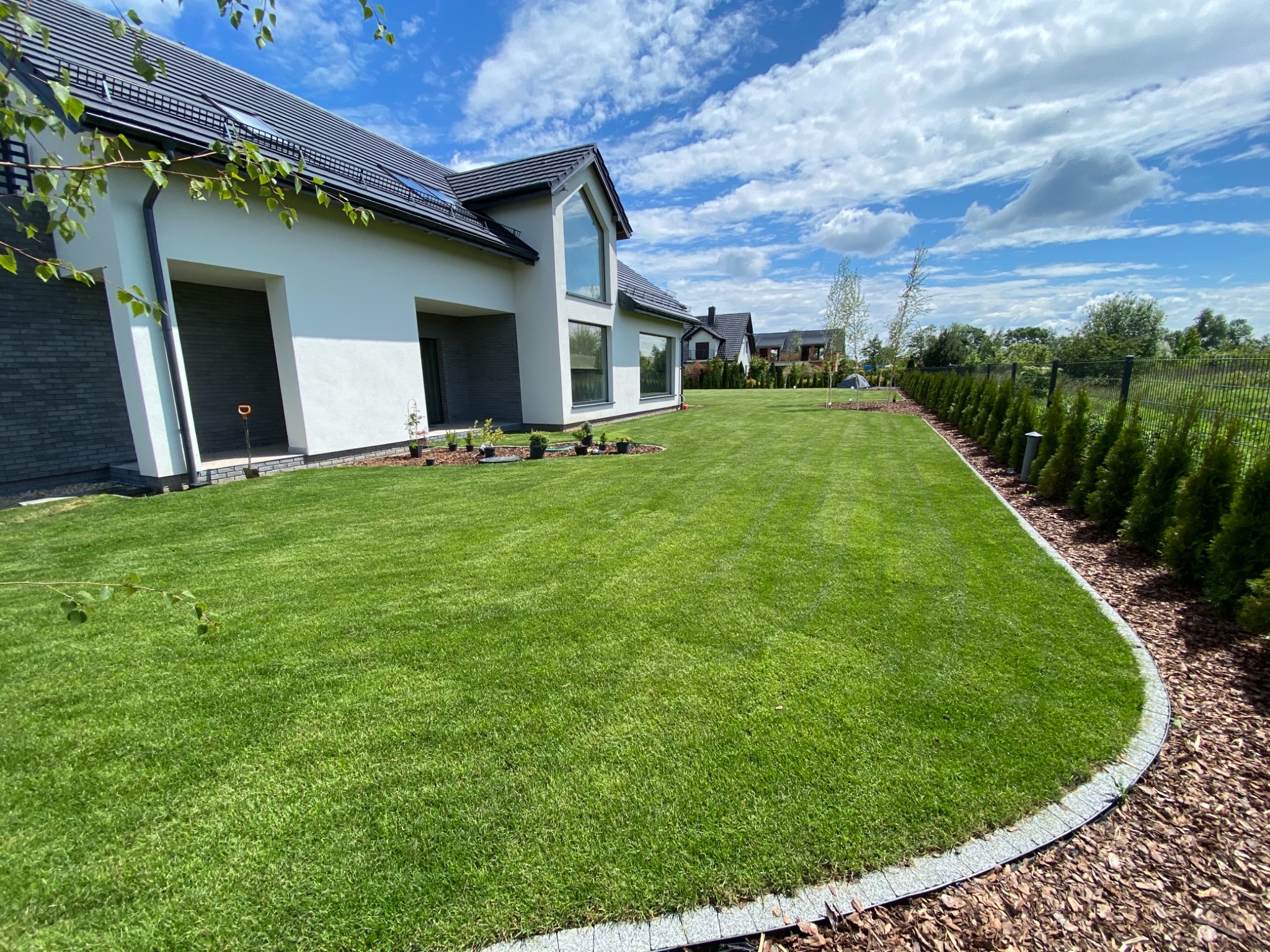 Rozległy trawnik z rolki, nawadniany systemem automatycznym, obrzeża z kostki granitowej, tuje szmaragdowe wzdłuż ogrodzenia, nowoczesny dom jednorodzinny w tle, błękitne niebo z białymi chmurami.