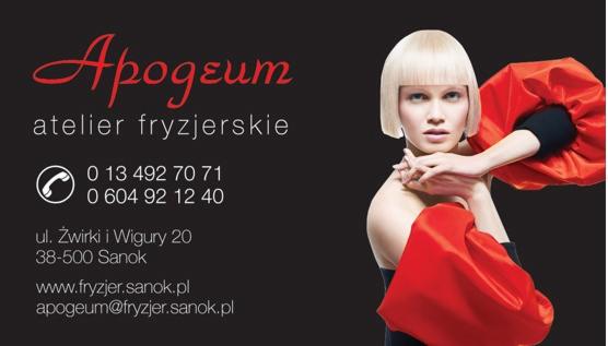 Wizytówka atelier z blond modelką w awangardowej fryzurze bob i elementami czerwonej tkaniny, na czarnym tle dane kontaktowe.