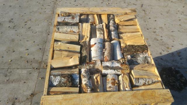 Paleta wypełniona pociętymi kawałkami drewna brzozowego, ułożonego warstwami, widoczne kawałki kory.