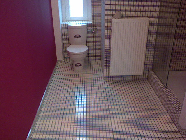 Wykończona łazienka z mozaikową glazurą na ścianach i podłodze, biała toaleta kompaktowa, grzejnik drabinkowy i fragment szklanej kabiny prysznicowej; ściana po lewej stronie pomalowana...