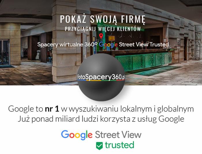 Wnętrze hotelu z recepcją, promowane jako przykład realizacji spaceru wirtualnego 360 stopni Google Street View Trusted, z logo FotoSpacery360.pl i hasłem 'Pokaż swoją firmę, przyciągnij więcej...