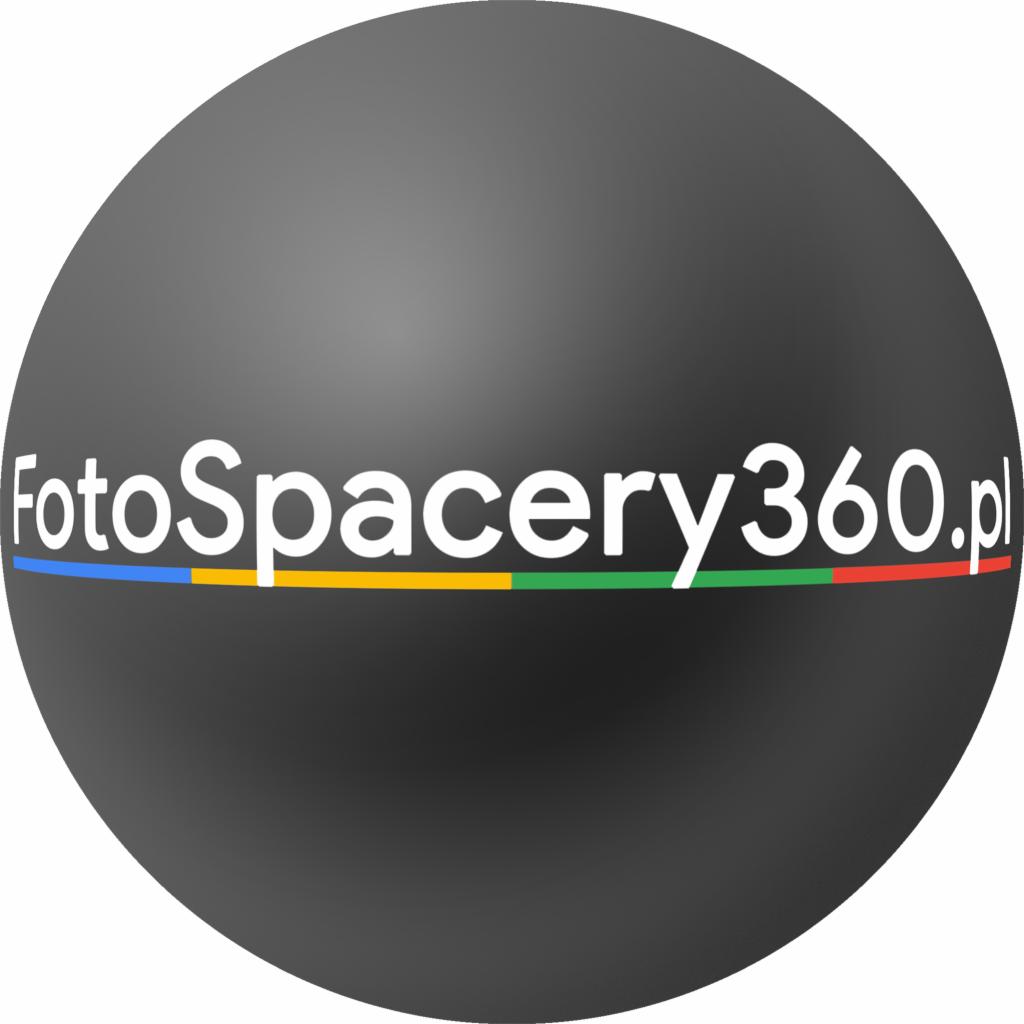 Szare koło z gradientem, na którym umieszczono biały napis 'FotoSpacery360.pl' z kolorową linią pod tekstem (niebieski, żółty, zielony, czerwony).