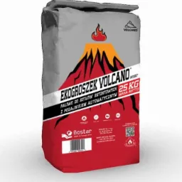 Szary worek z nadrukiem wulkanu i napisem 'Ekogroszek Volcano Budget 25 kg', przeznaczony do kotłów retortowych z podajnikiem automatycznym, marki Bostar.