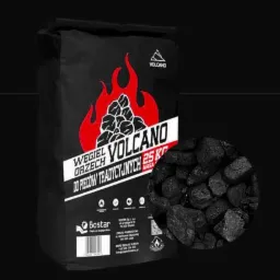 Czarne opakowanie węgla orzech Volcano 25 kg z płomiennym logo na czarnym tle, obok okrągłe powiększenie bryłek węgla.