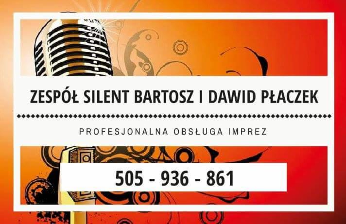 Grafika reklamowa z nazwą 'Silent Bartosz i Dawid Płaczek', numerem telefonu i rysunkiem mikrofonu na pomarańczowym tle z ornamentami.