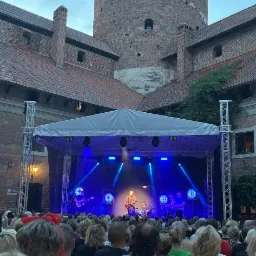 Zespół muzyczny na scenie oświetlonej niebieskimi reflektorami, grający koncert dla publiczności na dziedzińcu zamku z cegły.