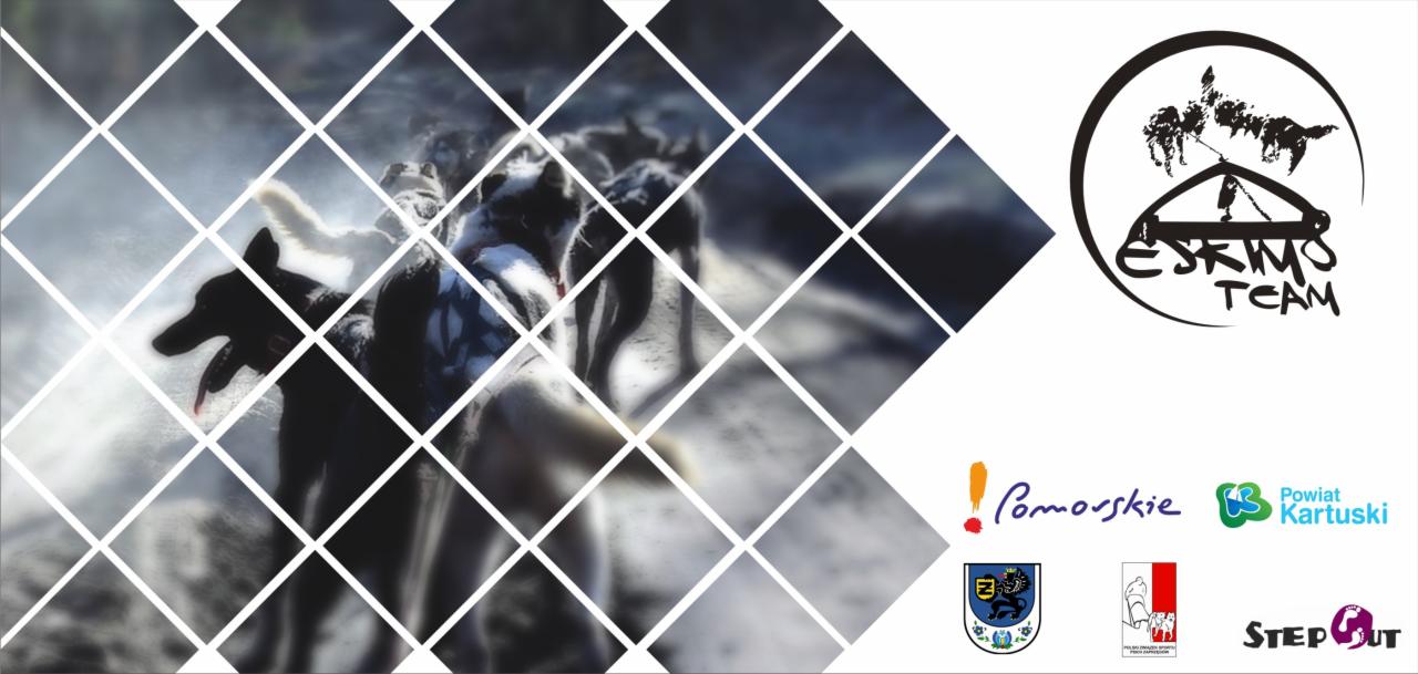 Grafika reklamowa z wizerunkiem psów zaprzęgowych, logo 'Eskimo Team' oraz herbami i logotypami partnerów, prawdopodobnie z Skrzeszewa żukowskiego.