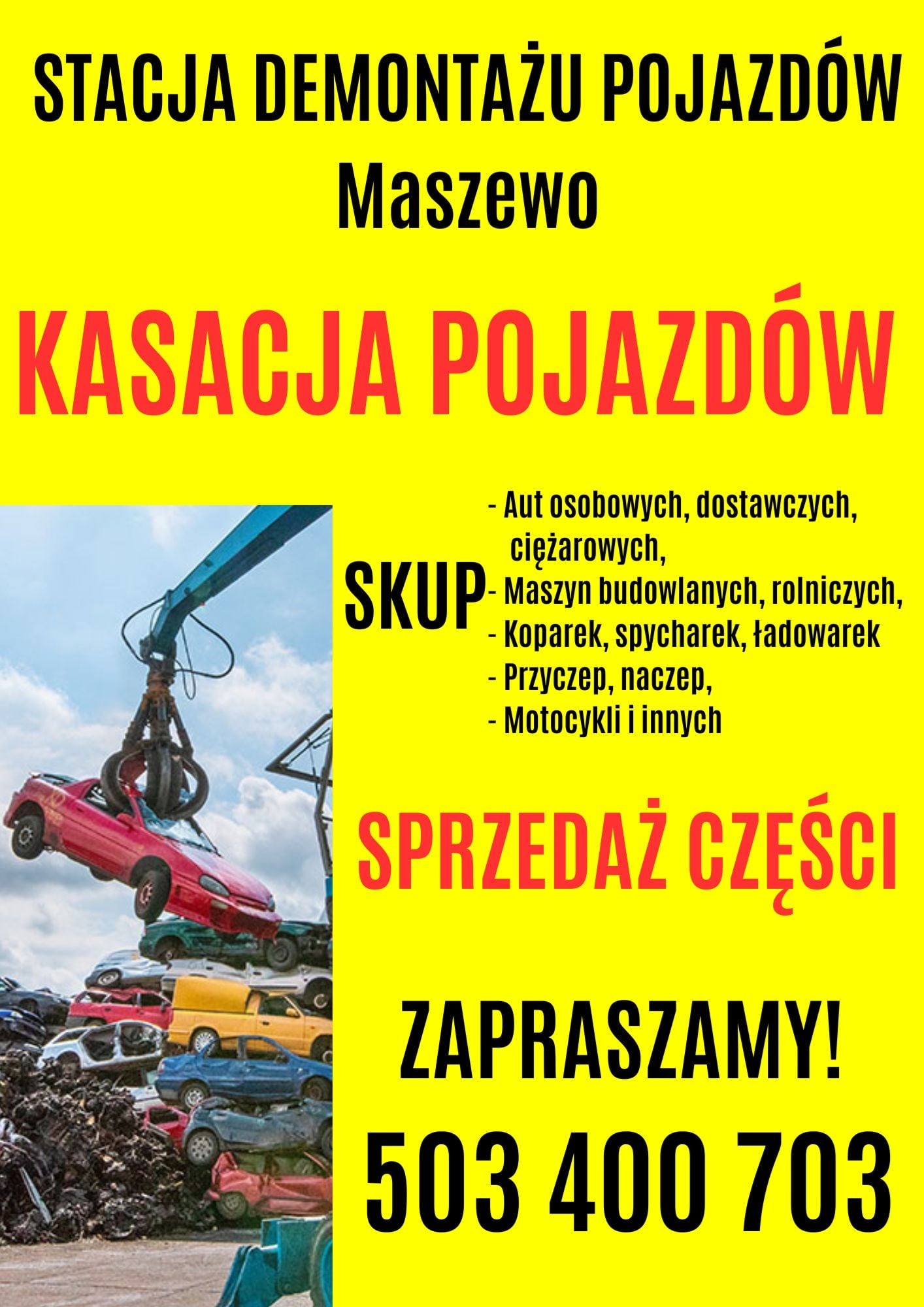 Grafika reklamowa stacji demontażu pojazdów w Maszewie, oferującej kasację, skup i sprzedaż części. Czerwony samochód podnoszony przez dźwig nad stertą zniszczonych aut.