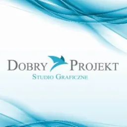 Logo firmy 'Dobry Projekt Studio Graficzne' z motywem ptaka w kolorze turkusowym, umieszczone na białym tle z abstrakcyjnymi, turkusowymi elementami graficznymi w górnej i dolnej części.