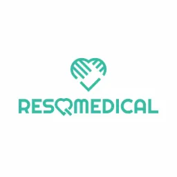 Minimalistyczne logo firmy RESQMEDICAL w kolorze turkusowym, przedstawiające stylizowane serce z elementami ratownictwa medycznego.