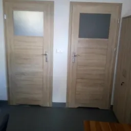 Dwa drewnopodobne skrzydła drzwiowe z przeszkleniami, jedno z szybą mleczną, drugie z szarą, zamontowane w Michałkach, z widocznymi klamkami i włącznikiem światła na ścianie.