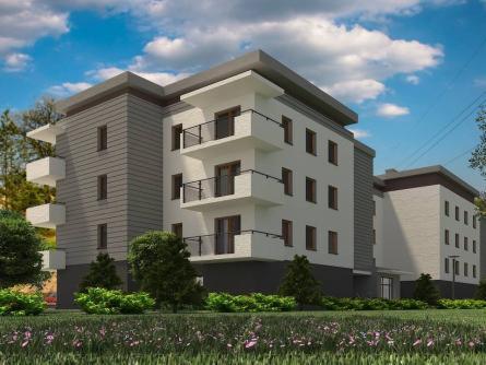 Wizualizacja nowoczesnego budynku wielorodzinnego z balkonami, widok z poziomu trawnika z kwitnącymi kwiatami, błękitne niebo z chmurami w tle.