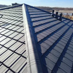 Nowoczesny dach z blachy w kolorze grafitowym, widoczne trzy kominki wentylacyjne, na tle błękitnego nieba i drzew