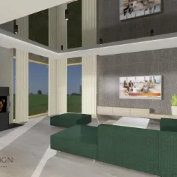 Wizualizacja salonu z kominkiem, drewnem ułożonym obok, zielonym narożnikiem i telewizorem na ścianie z szarego kamienia.