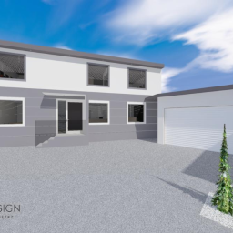 Focus Design - projektowanie wnętrz - Wizualizacja 3D nowoczesnego, dwukondygnacyjnego domu z garażem, szary samochód na podjeździe, trzy małe drzewka iglaste przed garażem, błękitne niebo z białymi chmurami w tle, logo firmy Focus...