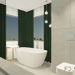 Wizualizacja łazienki w Częstochowie z wolnostojącą białą wanną, marmurowymi ścianami, zasłonami w kolorze butelkowej zieleni i minimalistycznym oświetleniem sufitowym.