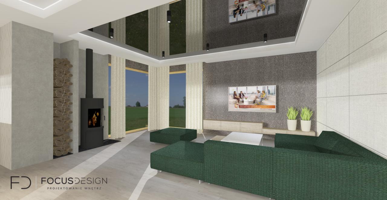 Wizualizacja salonu z kominkiem, drewnem ułożonym obok, zielonym narożnikiem i telewizorem na ścianie z szarego kamienia.