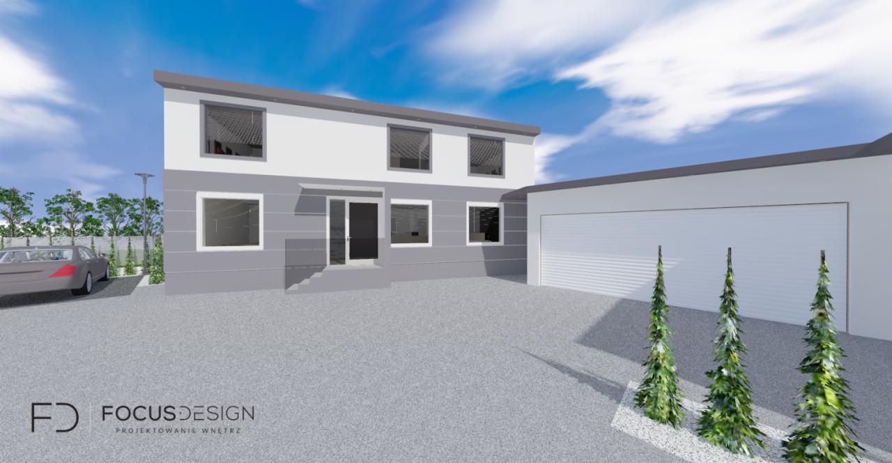 Wizualizacja 3D nowoczesnego, dwukondygnacyjnego domu z garażem, szary samochód na podjeździe, trzy małe drzewka iglaste przed garażem, błękitne niebo z białymi chmurami w tle, logo firmy Focus...