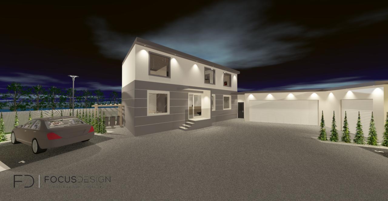 Wizualizacja domu dwukondygnacyjnego z garażem, z szarymi elementami elewacji i podświetleniem zewnętrznym, samochód osobowy zaparkowany na podjeździe, logo firmy w lewym dolnym rogu.