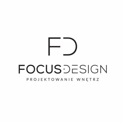 Logo firmy Focus Design z napisem Projektowanie Wnętrz, czarne litery na białym tle.