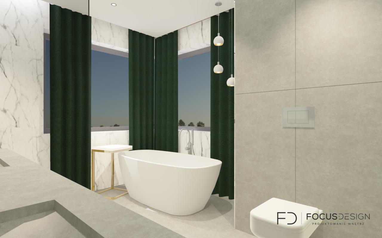 Wizualizacja łazienki w Częstochowie z wolnostojącą białą wanną, marmurowymi ścianami, zasłonami w kolorze butelkowej zieleni i minimalistycznym oświetleniem sufitowym.