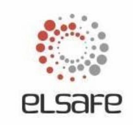 Logo firmy eLSafe z abstrakcyjnym symbolem wiru utworzonego z czerwonych i szarych kropek na białym tle.