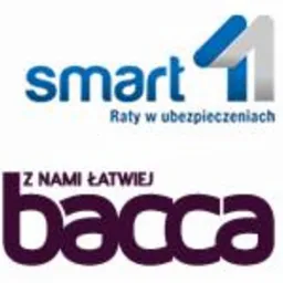 Dwa logotypy firm: 'smart11' z hasłem 'Raty w ubezpieczeniach' oraz 'bacca' z hasłem 'Z NAMI ŁATWIEJ', na białym tle.