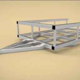 Model 3D ramy przyczepy samochodowej z metalowych profili, widok z boku, render na jednolitym tle.