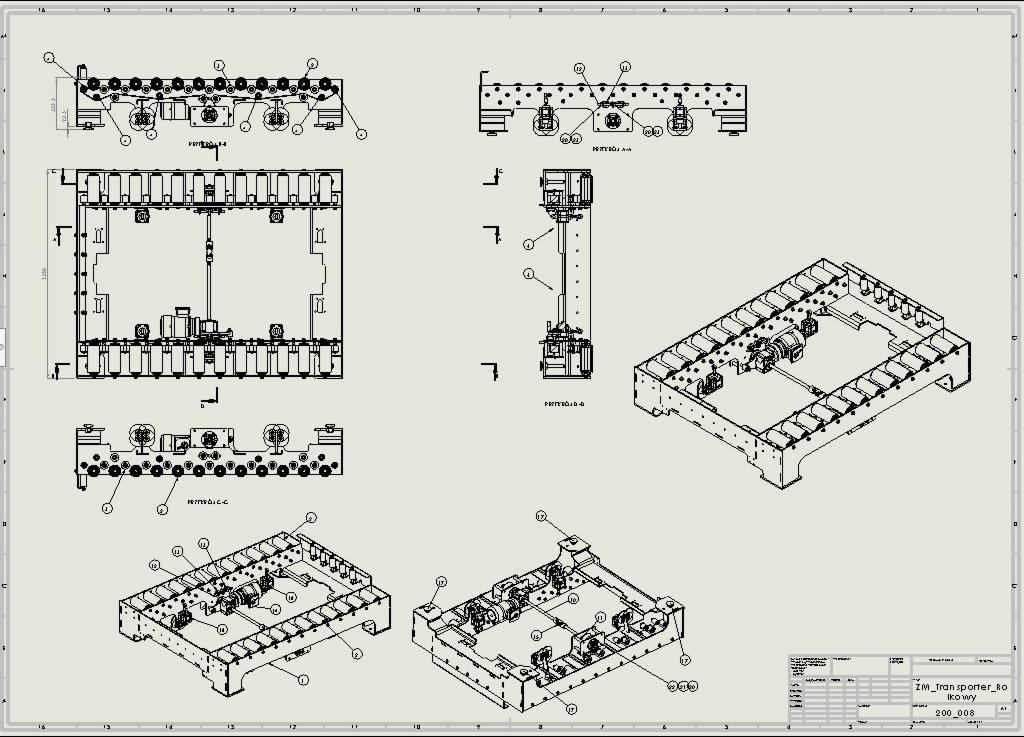 Techniczny rysunek szczegółowy transportera rolkowego z różnymi widokami i przekrojami, zawierający wymiary i oznaczenia elementów.
