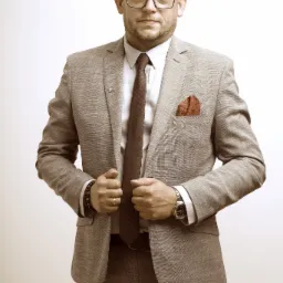 Portret mężczyzny w garniturze z brązową poszetką i krawatem w kropki, z zegarkiem na ręce i bransoletką z koralików, zapinającego marynarkę.