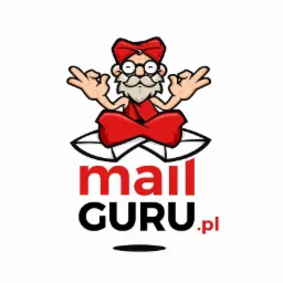 Logo MailGuru.pl przedstawiające brodatego mężczyznę w turbanie i okularach, siedzącego w pozycji lotosu na liściach, z tekstem 'mail GURU .pl' poniżej.