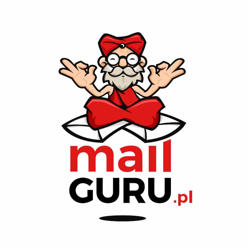 Logo MailGuru.pl przedstawiające brodatego mężczyznę w turbanie i okularach, siedzącego w pozycji lotosu na liściach, z tekstem 'mail GURU .pl' poniżej.